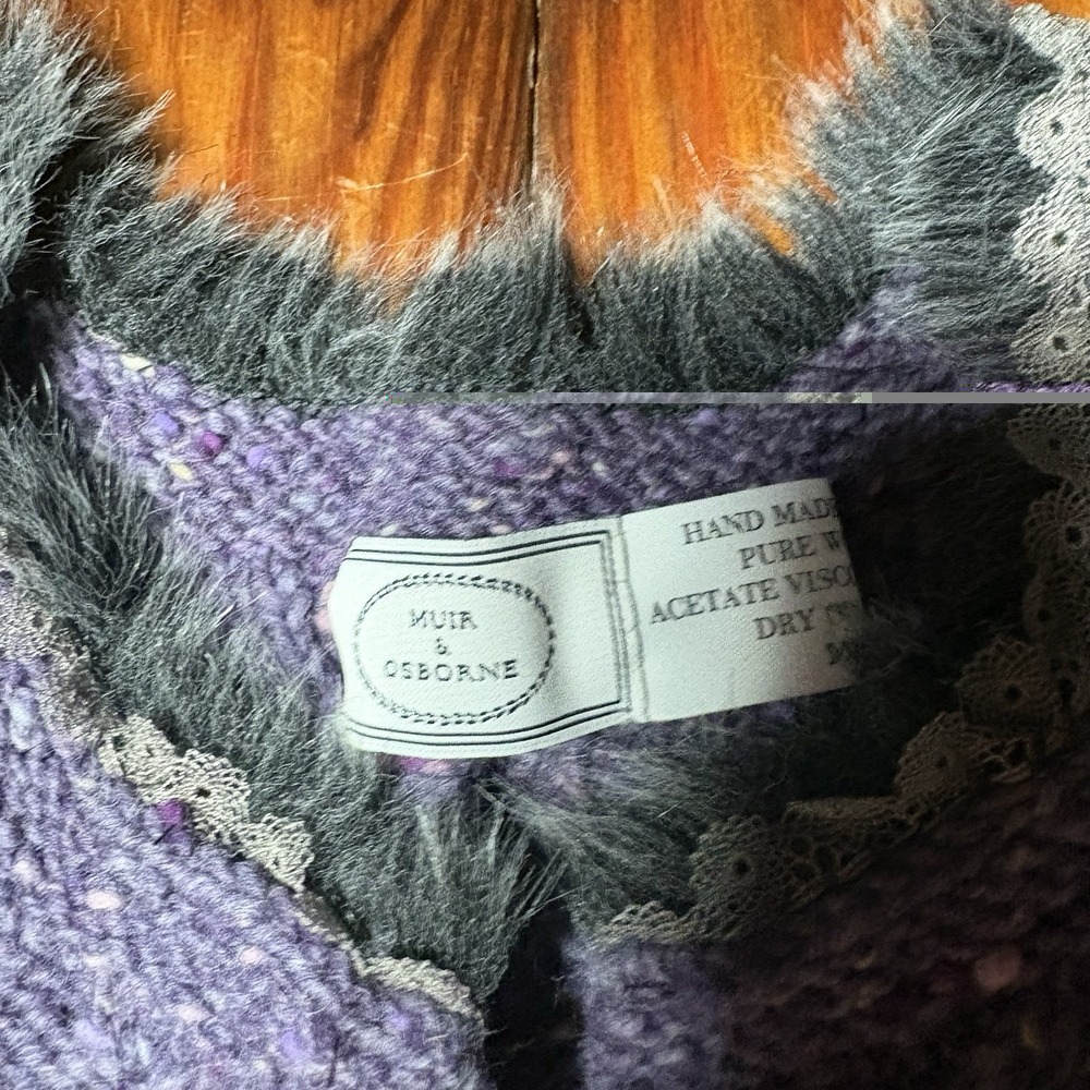 Muir & Osborne Handmade Pure Wool Purple Floral Cable Knit Open Sweater Vtg - Picture 4 of 10